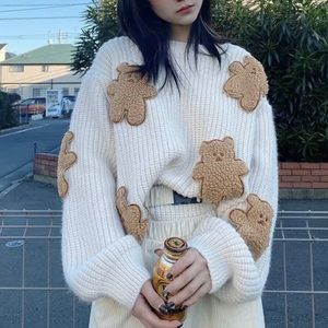 Bear sweater cartoon cream white teddy cute womens patch